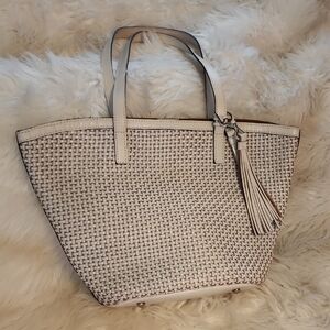 EUC.. Patricia Nash Marconia Tote Woven Leather Latte Dark White Handbag.